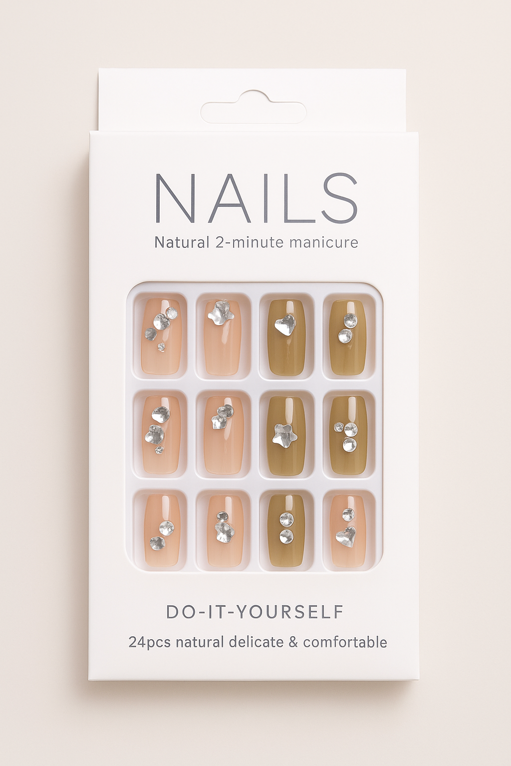 Elegant Nude & Olive Rhinestone Press-On Nails โ 24pcs Reusable False Nail Set