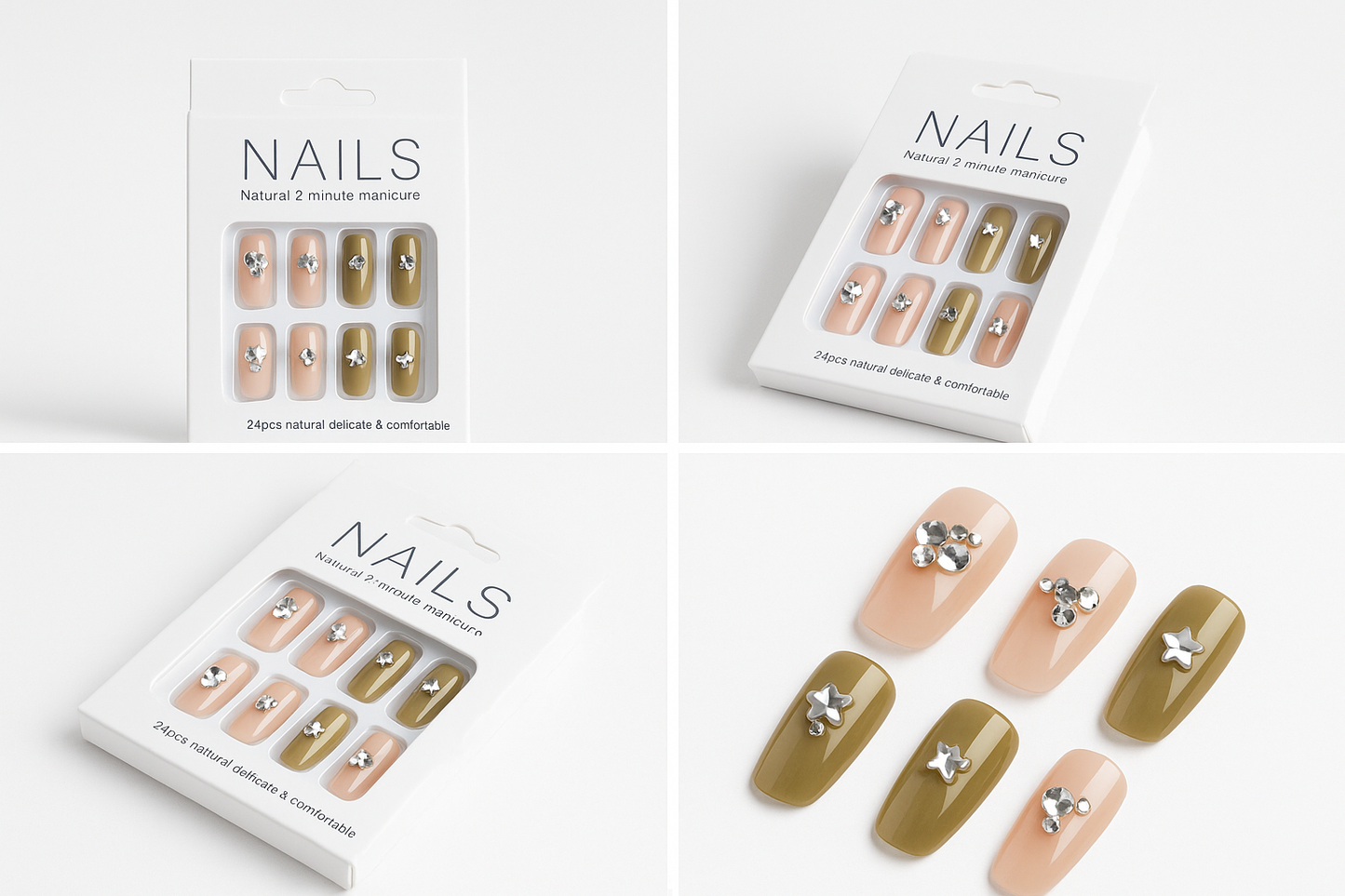 Elegant Nude & Olive Rhinestone Press-On Nails โ 24pcs Reusable False Nail Set