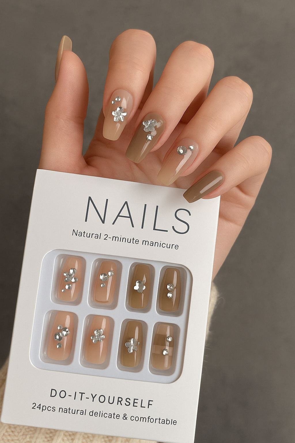 Elegant Nude & Olive Rhinestone Press-On Nails โ 24pcs Reusable False Nail Set