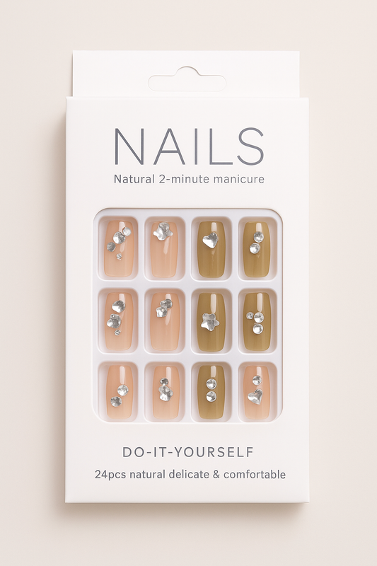 Elegant Nude & Olive Rhinestone Press-On Nails – 24pcs Reusable False Nail Set