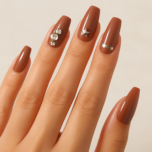 Elegant Brown Rhinestone Press-On Nails – Long Coffin Shape, Reusable Nail Set