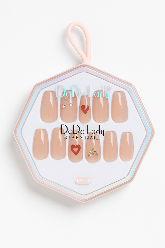 Nude Pink Heart & Rhinestone Press-On Nails – 12pcs Reusable Luxury Set