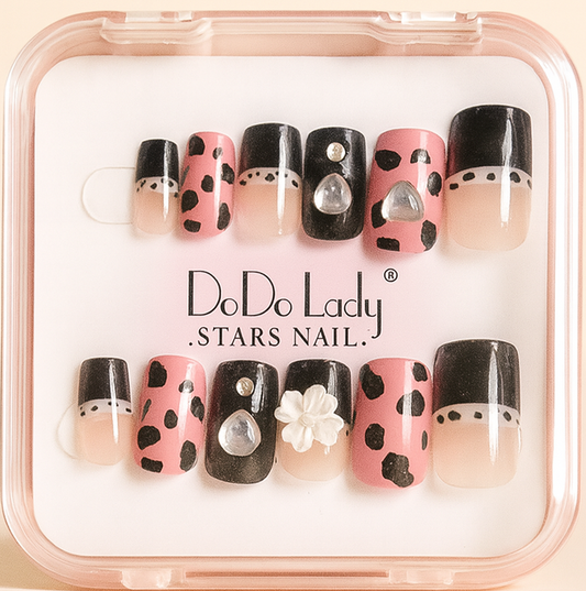 Cow Print & Rhinestone Luxury Press-On Nails – Reusable False Nail Set