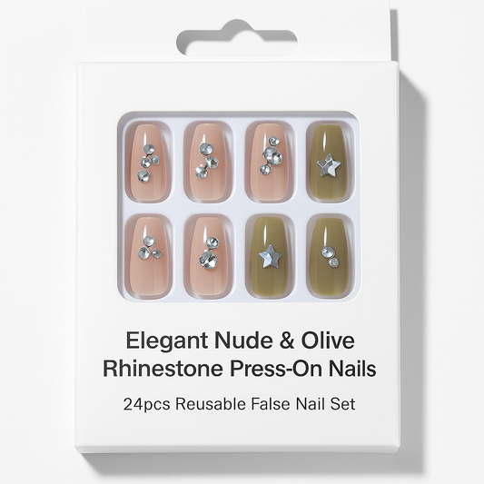 Elegant Nude & Olive Rhinestone Press-On Nails – 24pcs Reusable False Nail Set